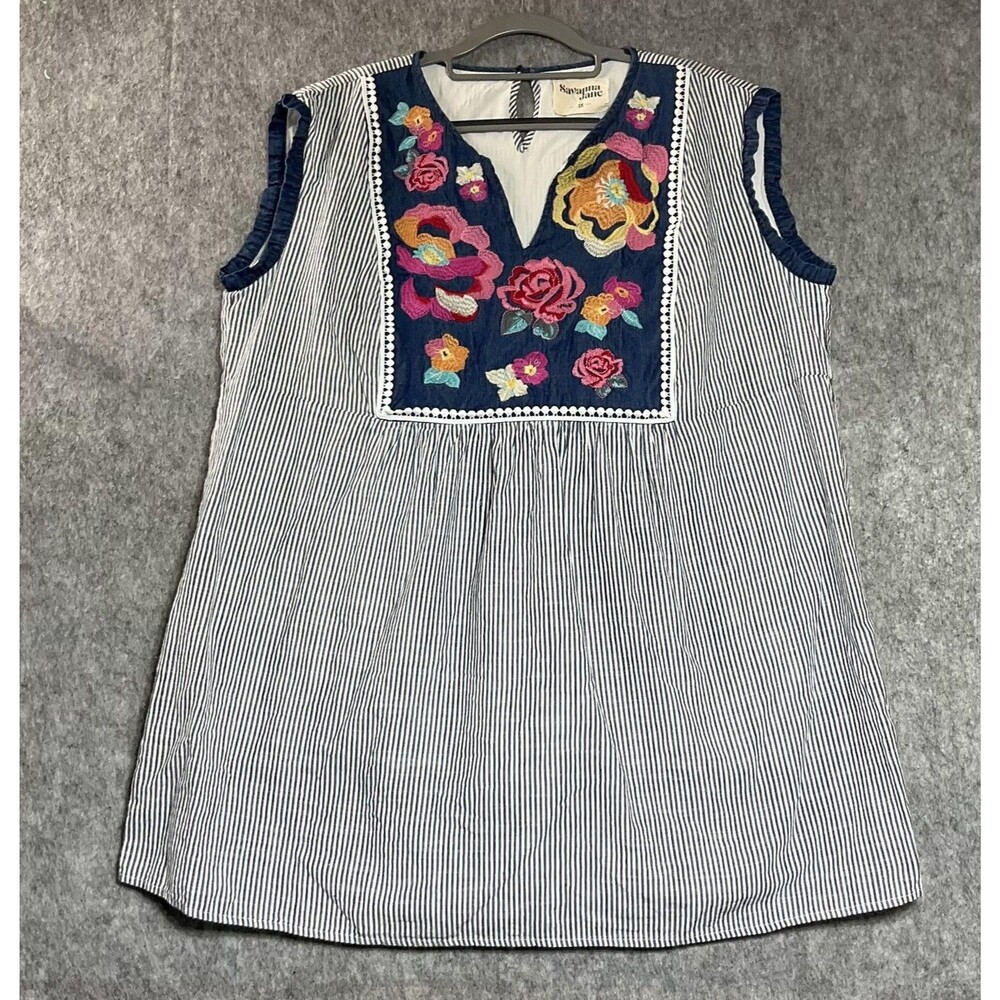Savanna Jane Dress Womens 2X White Striped Mini Sundress Embroidered Boho Casual